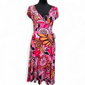 🌺 LIZZATTI Slinky Flowy Floral Wrap Dress Size 4 | Retro 90s Y2K Bold Print 🌺